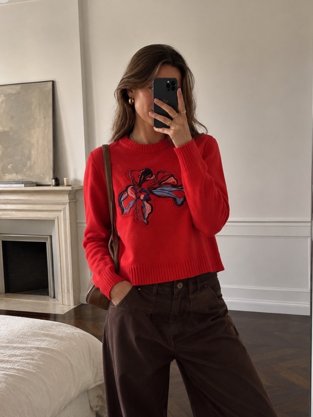 Lewit Cashmere Red Floral Embroidered Sweater Crewneck Knit Size XS